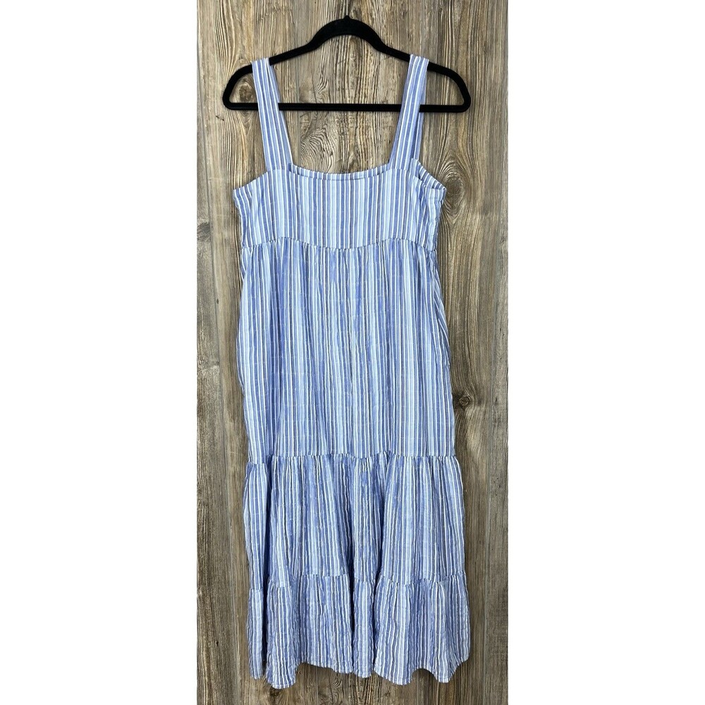 Elliot Lauren Midi Dress L‎ Blue/White Stripe Sleeveless Tiered Ruffled Chambray